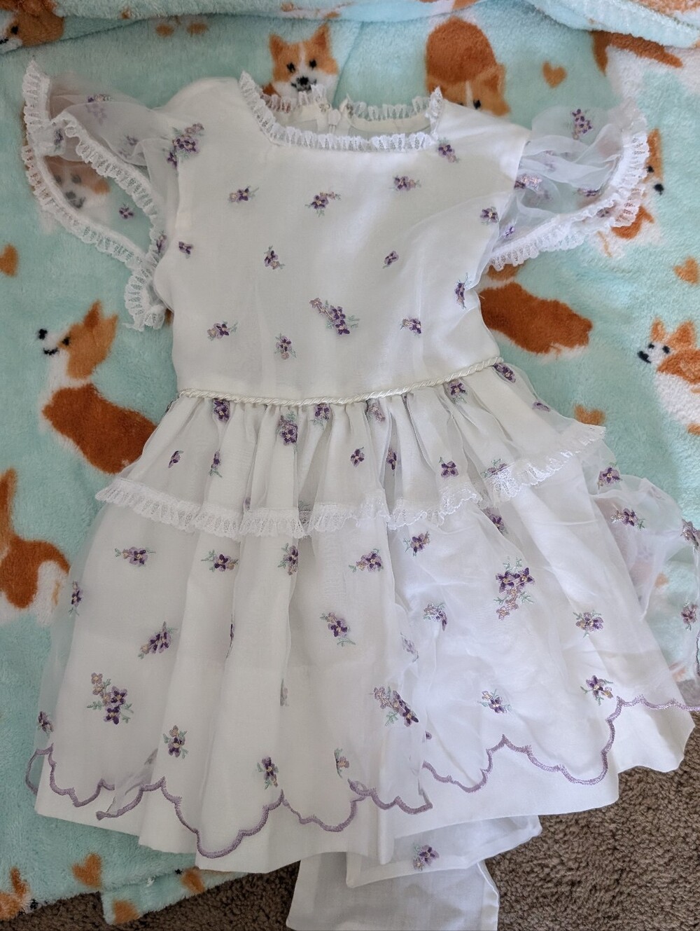 Vintage 80s 90s Sheer Organza Party Dress Floral Embroidered Lace Trim Back Bow